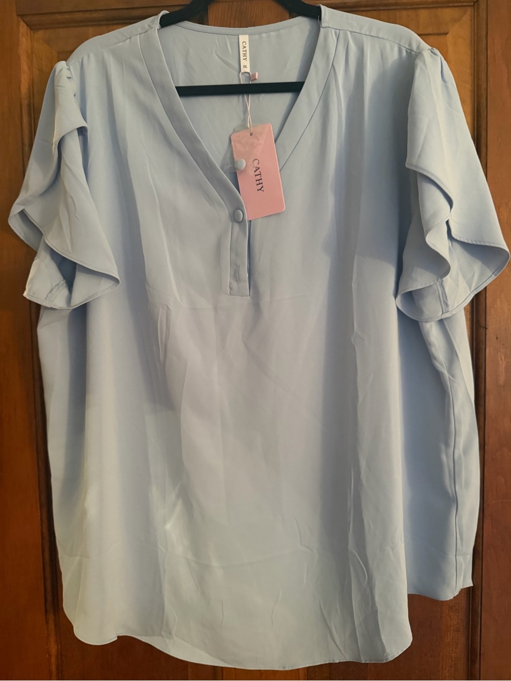 CATHY Women’s 2X Light Blue Blouse NWT V Neck Flutter Sleeve Stretch Top